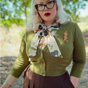 New Unworn 3XL ModCloth Retro V-Neck Cropped 3/4 Sleeve Cardigan Olive Green